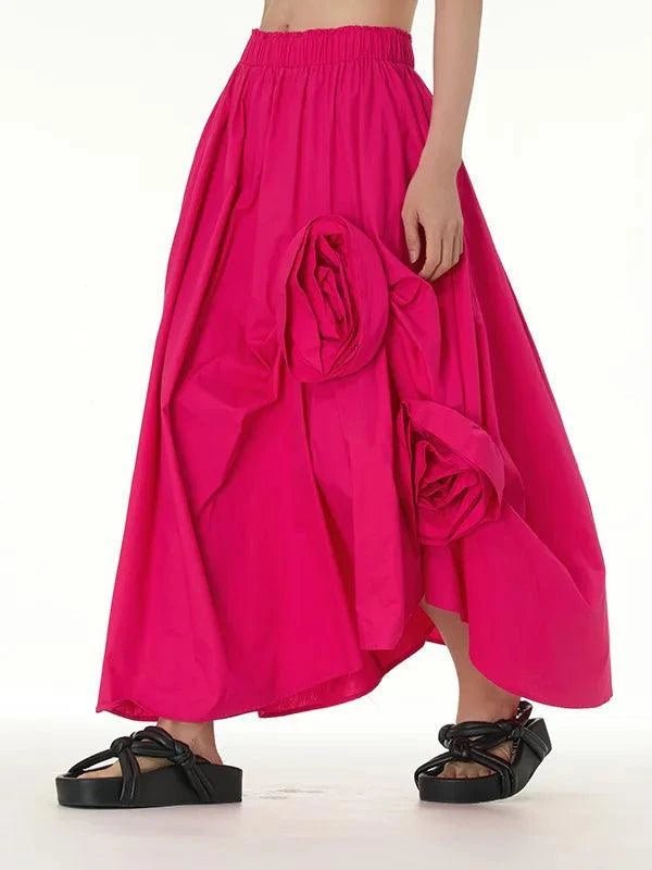 Elastic Waist Flower Applique Pleated Skirt with Pockets - SHExFAB