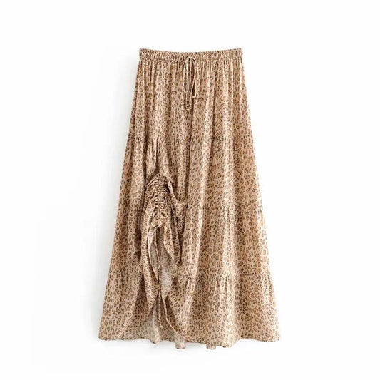 Elastic Waist Leopard Print Ruched Long Skirt - SHExFAB