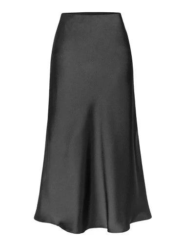 Elastic Waist Side Slit Midi Satin Skirt - SHExFAB