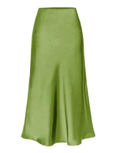 Elastic Waist Side Slit Midi Satin Skirt - SHExFAB