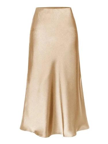 Elastic Waist Side Slit Midi Satin Skirt - SHExFAB