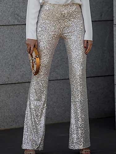 Elastic Waist Straight Shiny Sequin Dressy Trousers - SHExFAB