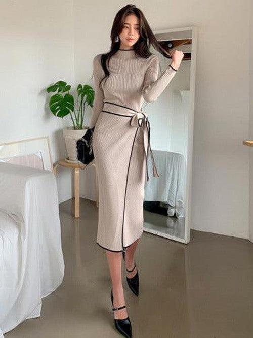 Elegant Long Sleeve Slim Midi Dress - SHExFAB