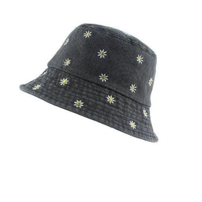 Embroidery Flower Fordable Washed Denim Bucket Hat - SHExFAB