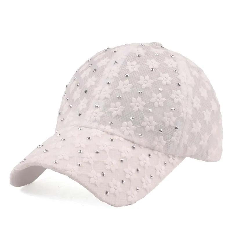 Embroidery Rhinestone Flower Mesh Baseball Hat - SHExFAB