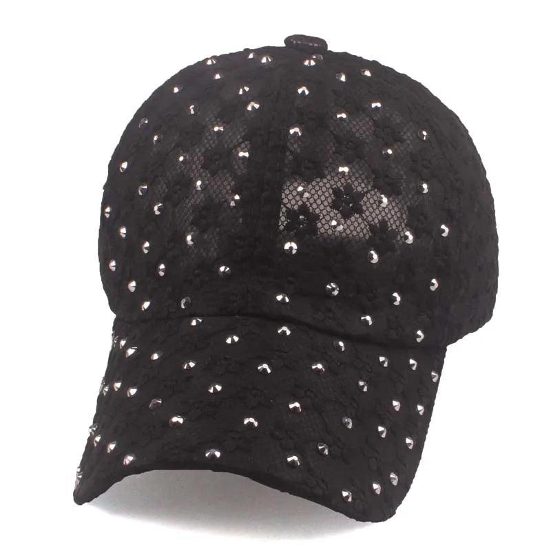 Embroidery Rhinestone Flower Mesh Baseball Hat - SHExFAB