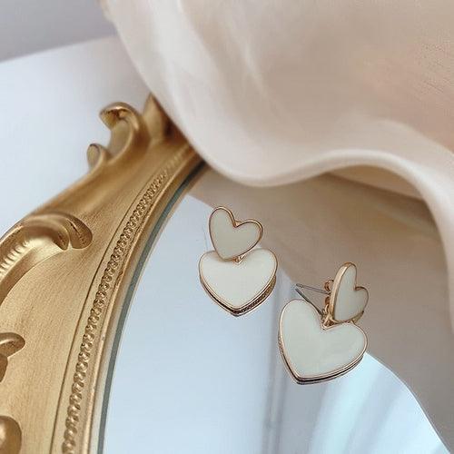 Enamel Double Heart Drop Earrings - SHExFAB