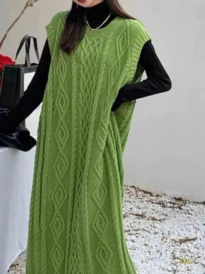 Extended Sleeve Cable Knitted Long Sweater Dress - SHExFAB