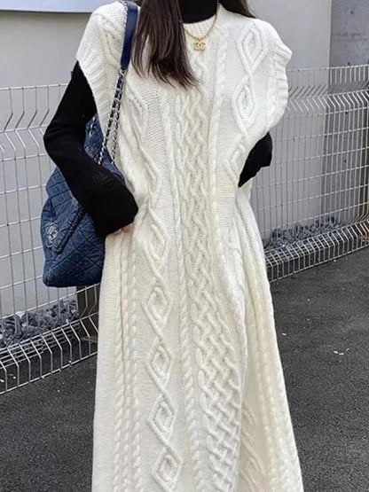 Extended Sleeve Cable Knitted Long Sweater Dress - SHExFAB