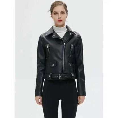 Faux Leather Motorcycle Jacket With Belt - SHExFAB