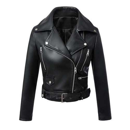 Faux Leather Motorcycle Jacket With Belt - SHExFAB