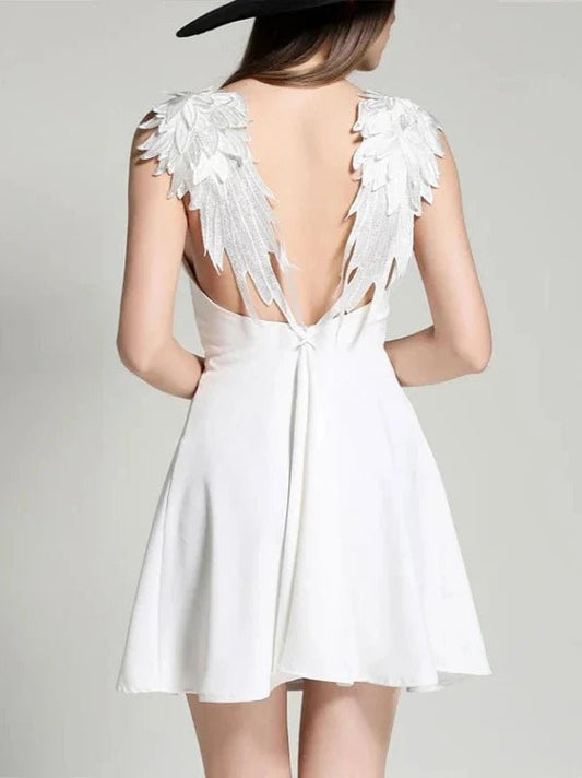 Feather Angel Wing Strap Backless Short A - Line Dress - SHExFAB