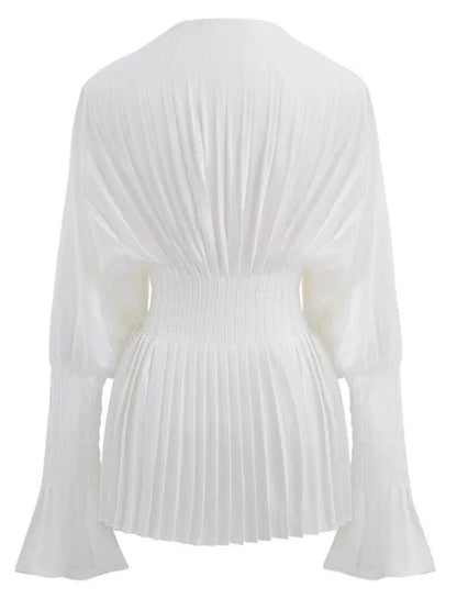 Flare Sleeve Slim Waist White Pleated Blouse - SHExFAB