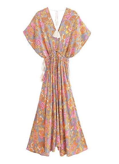 Floral Batwing Sleeve Tassel Drawstring Maxi Floral Dress - SHExFAB