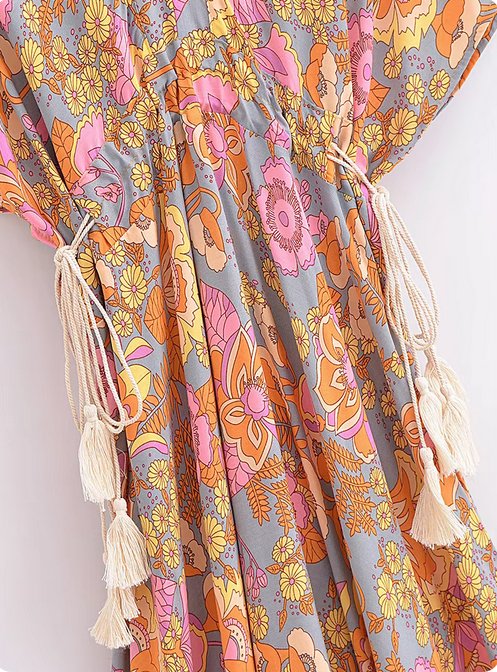 Floral Batwing Sleeve Tassel Drawstring Maxi Floral Dress - SHExFAB