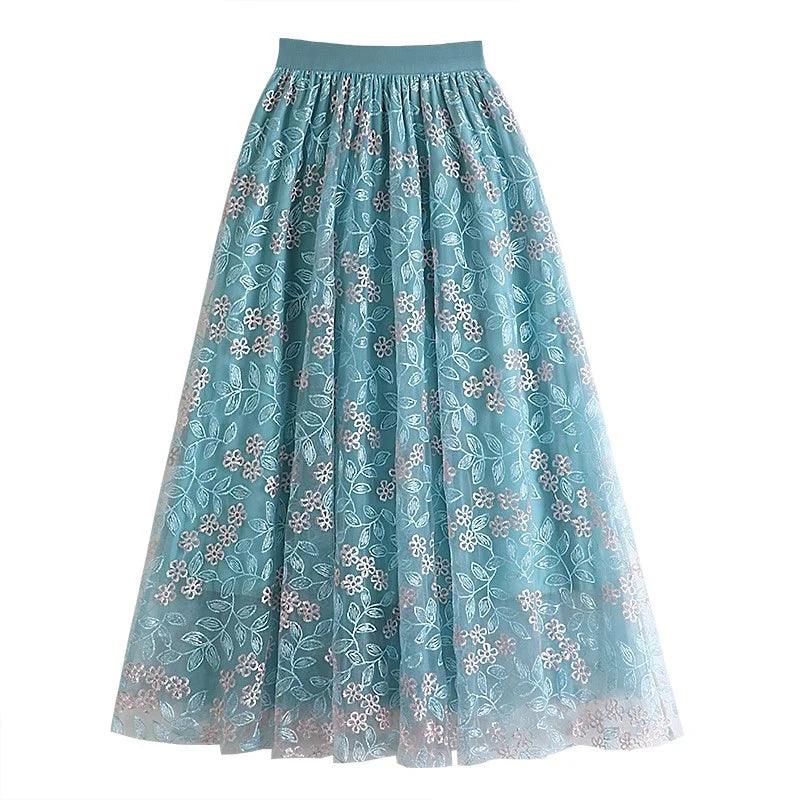 Floral Embroidery A - Line Mesh Tulle Midi Skirt - SHExFAB