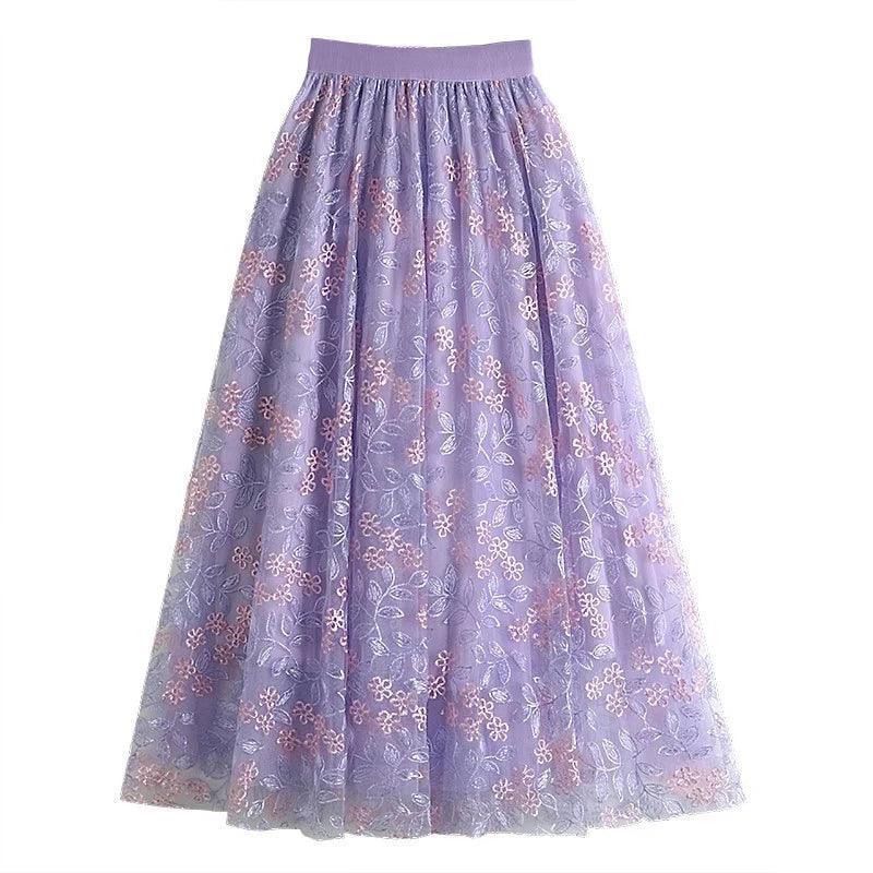 Floral Embroidery A - Line Mesh Tulle Midi Skirt - SHExFAB