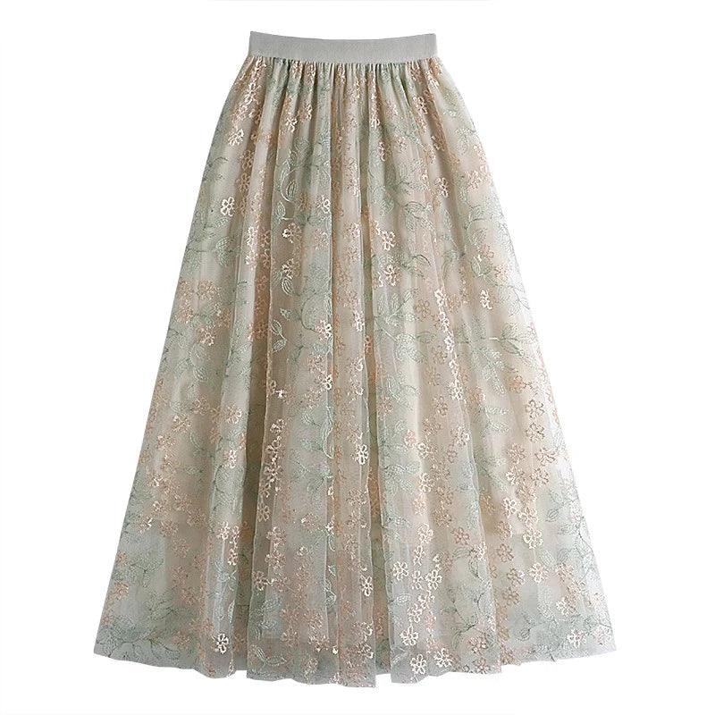 Floral Embroidery A - Line Mesh Tulle Midi Skirt - SHExFAB