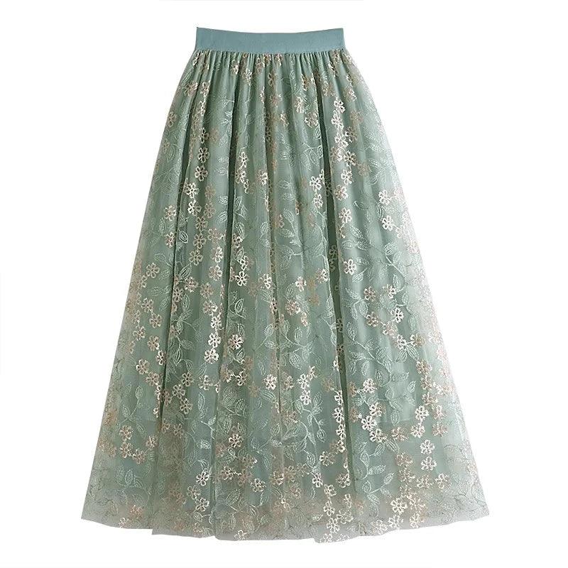 Floral Embroidery A - Line Mesh Tulle Midi Skirt - SHExFAB