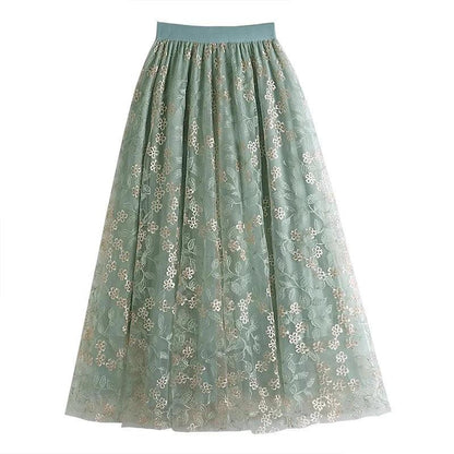 Floral Embroidery A - Line Mesh Tulle Midi Skirt - SHExFAB