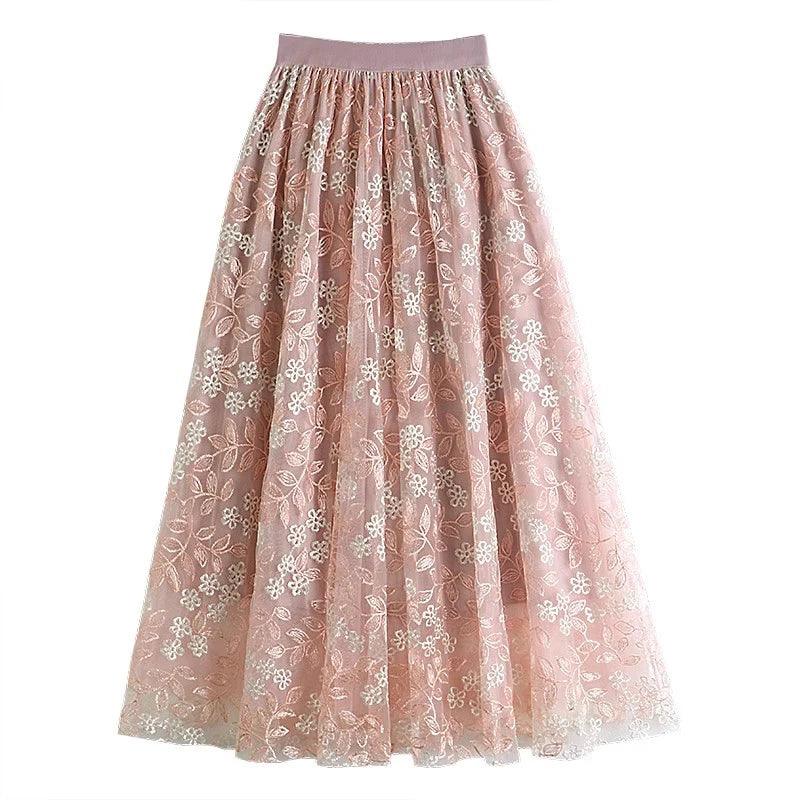 Floral Embroidery A - Line Mesh Tulle Midi Skirt - SHExFAB