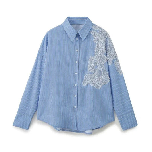 Floral Embroidery Blue Striped Button Down Shirt - SHExFAB