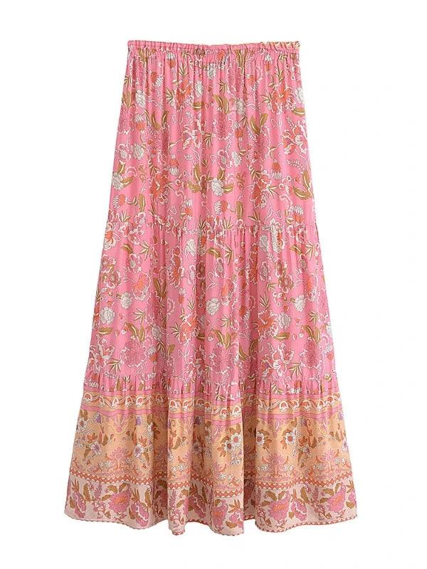 Floral High Waist Long A - Line Boho Pleated Skirt - SHExFAB