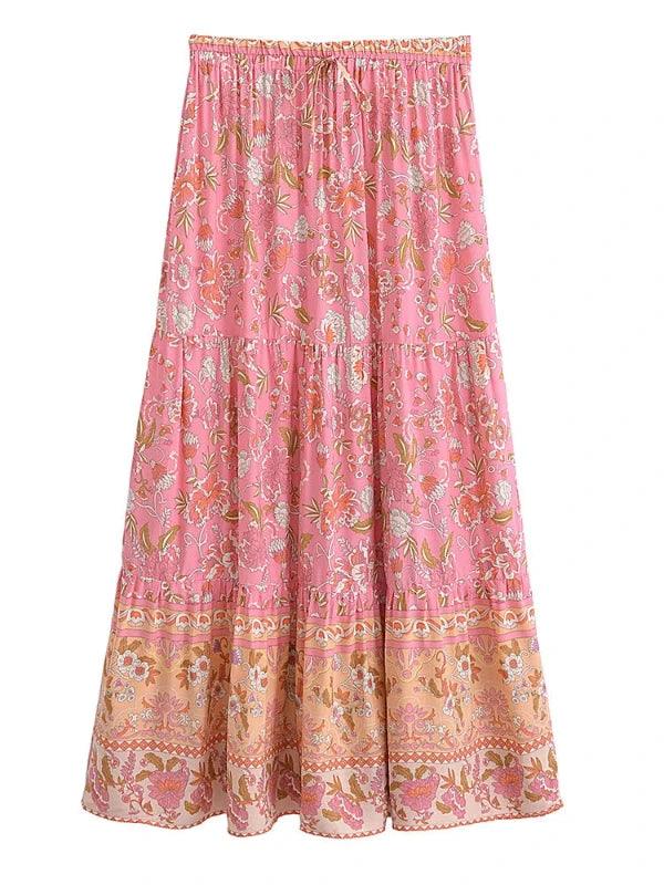 Floral High Waist Long A - Line Boho Pleated Skirt - SHExFAB