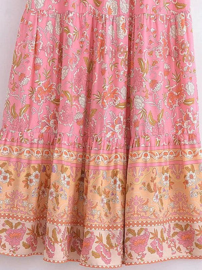 Floral High Waist Long A - Line Boho Pleated Skirt - SHExFAB