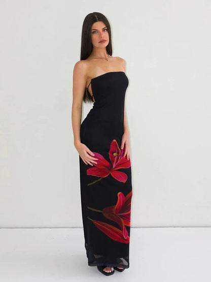 Floral Lace - Up Backless Black Tube Maxi Dress - SHExFAB