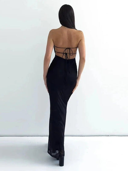 Floral Lace - Up Backless Black Tube Maxi Dress - SHExFAB