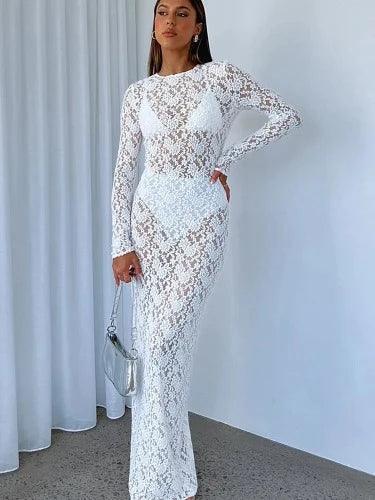 Floral Long Sleeve Lace Sheer Maxi Dress - SHExFAB