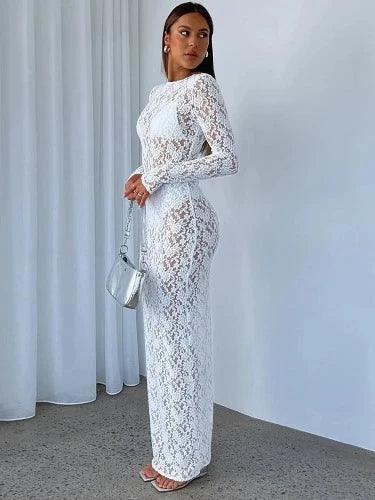 Floral Long Sleeve Lace Sheer Maxi Dress - SHExFAB