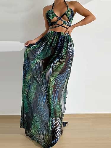 Floral Monokini 3 Piece Bikini Set with Maxi Skirt - SHExFAB