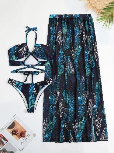 Floral Monokini 3 Piece Bikini Set with Maxi Skirt - SHExFAB