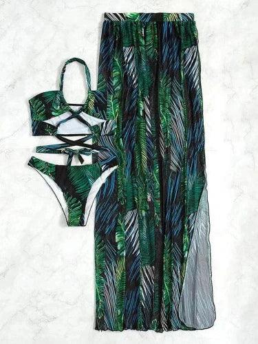 Floral Monokini 3 Piece Bikini Set with Maxi Skirt - SHExFAB