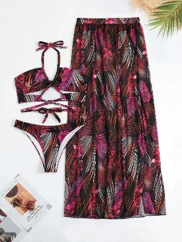 Floral Monokini 3 Piece Bikini Set with Maxi Skirt - SHExFAB