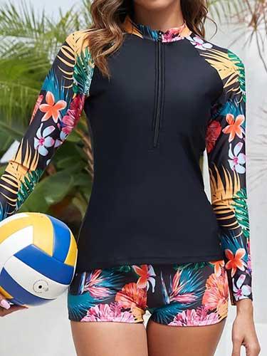 Floral Patchwork Long Sleeve Two - Piece Surf Swimsuit - SHExFAB