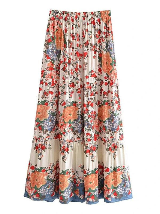 Floral Print A - Line High Waist Boho Maxi Skirt - SHExFAB