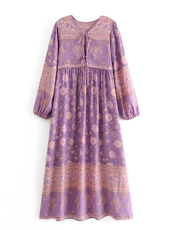 Floral Print Bohemian High Waist Long Purple Dress - SHExFAB