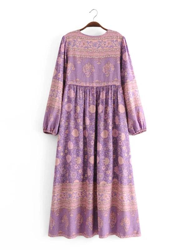 Floral Print Bohemian High Waist Long Purple Dress - SHExFAB