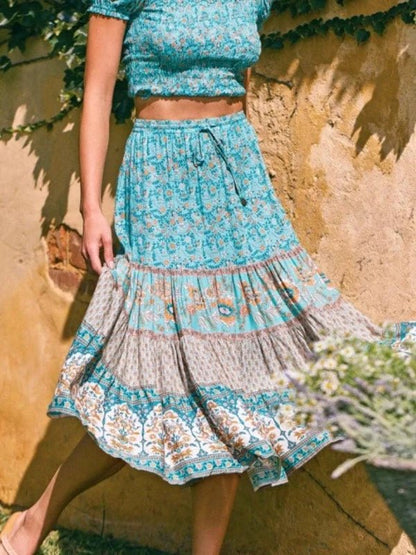 Floral Print Elastic Waist A - Line Bohemian Maxi Skirt - SHExFAB