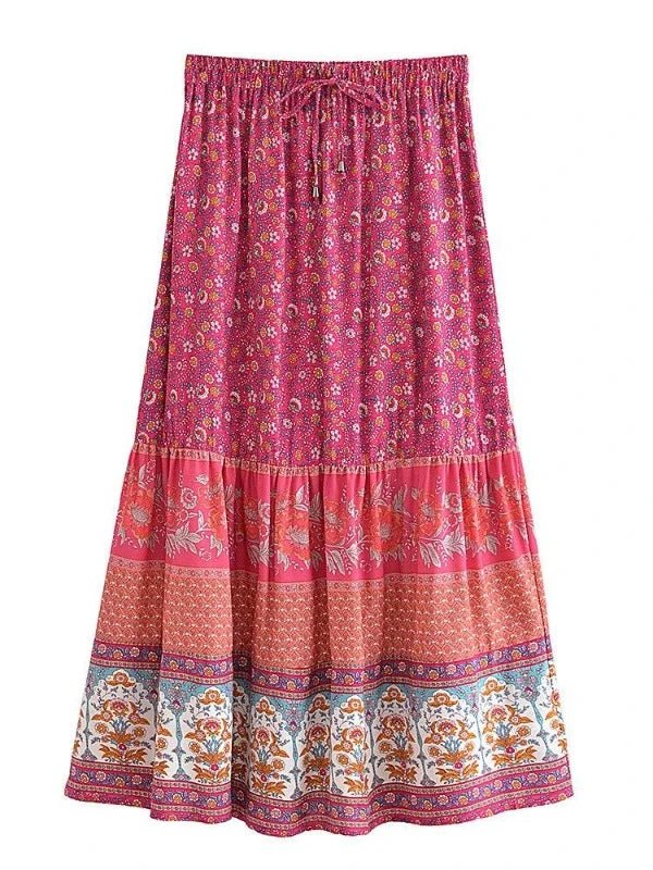 Floral Print Elastic Waist A - Line Bohemian Maxi Skirt - SHExFAB