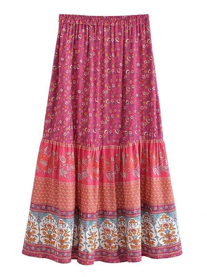 Floral Print Elastic Waist A - Line Bohemian Maxi Skirt - SHExFAB