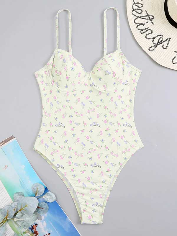 Floral Push - Up Retro One - Piece Bathing Suit - SHExFAB