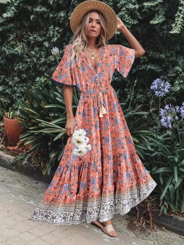 Floral Short Sleeve Summer Boho Maxi Dress - SHExFAB