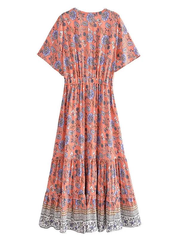 Floral Short Sleeve Summer Boho Maxi Dress - SHExFAB