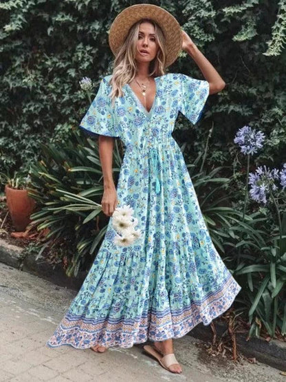 Floral Short Sleeve Summer Boho Maxi Dress - SHExFAB