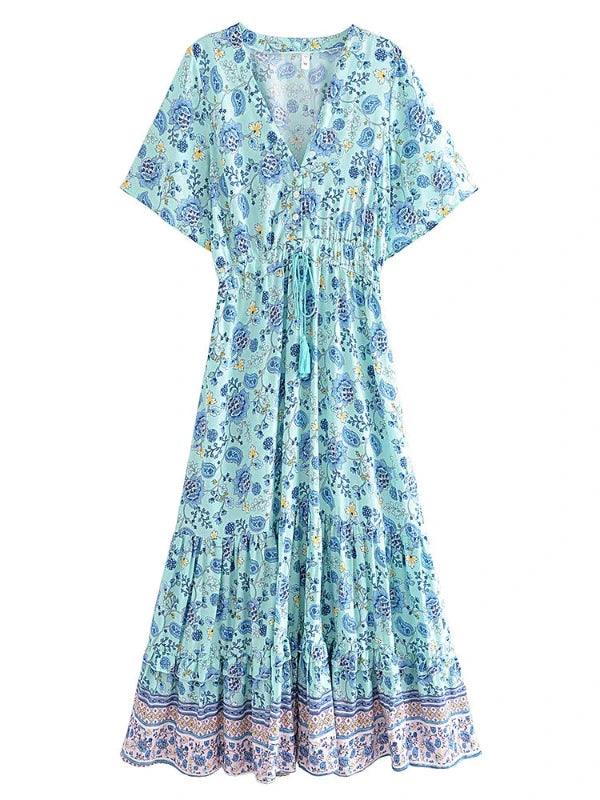 Floral Short Sleeve Summer Boho Maxi Dress - SHExFAB