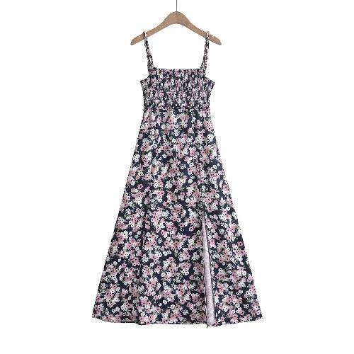 Floral Slit Long A - Line Smocked Dress - SHExFAB